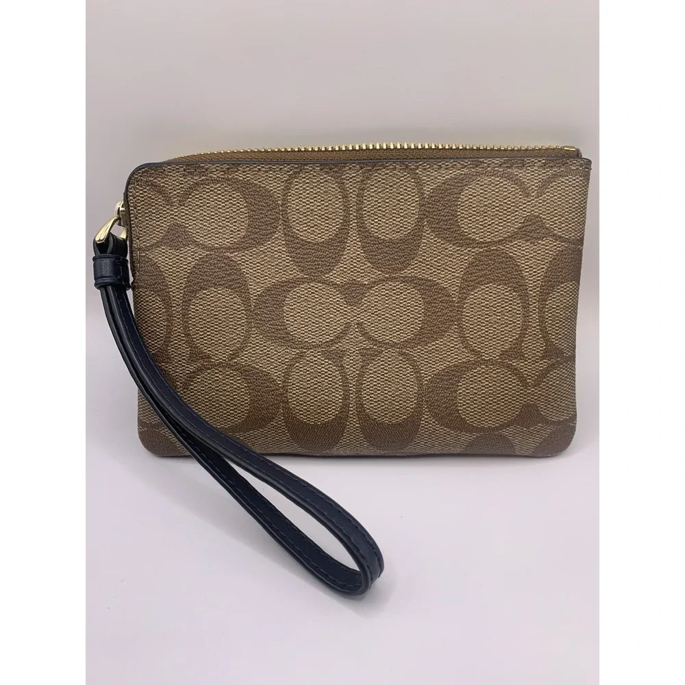 Women's Coach‎ Corner Zip Wristlet In Signature Canvas Khaki Navy